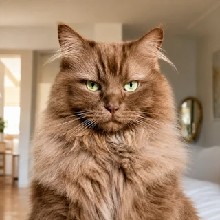 Head-on portrait of Norman with pale green eyes and a completely unimpressed expression.