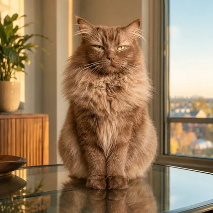 Adult Norman sitting on a glass table in golden light with paws together.