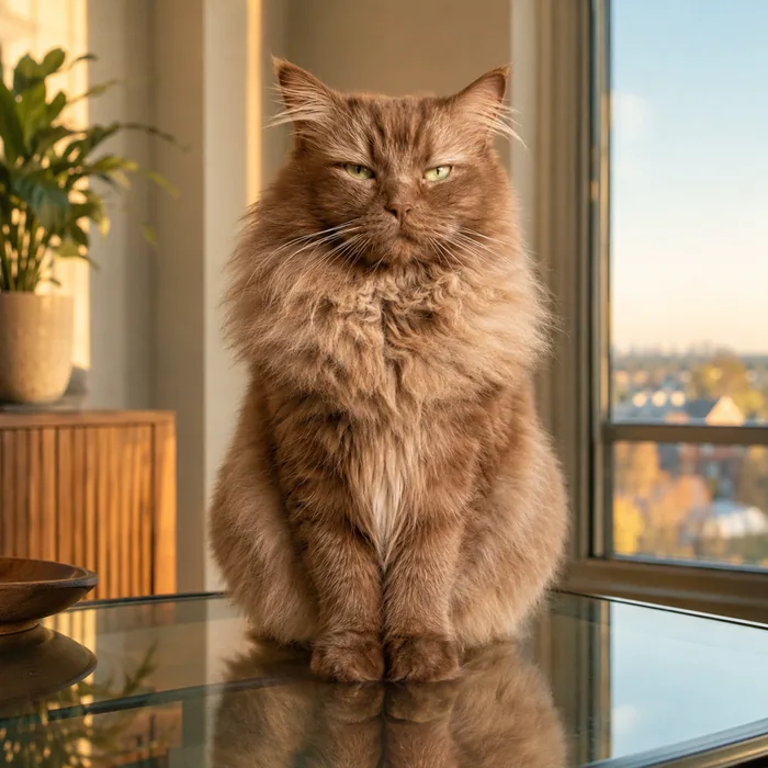 Chapter three: adult Norman sitting upright on a glass table in golden afternoon light, paws neatly together, pale green eyes narrowed.
